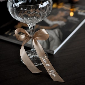 Personalized Wine Glass Ribbon, Custom Champagne Glass Ribbon, Personalized Satin Ribbon Bow with Name Tags, Wedding Name Place Cards