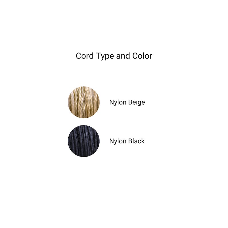 May include: Two close-up images of nylon cord, one beige and one black. Cord Type and Color is written above the images. Nylon Beige and Nylon Black are written below the images.