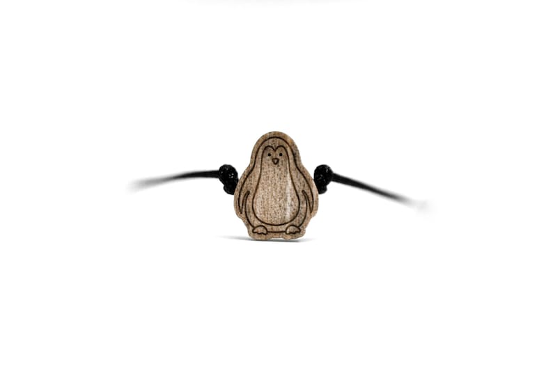 May include: A wooden penguin charm on a black cord bracelet.