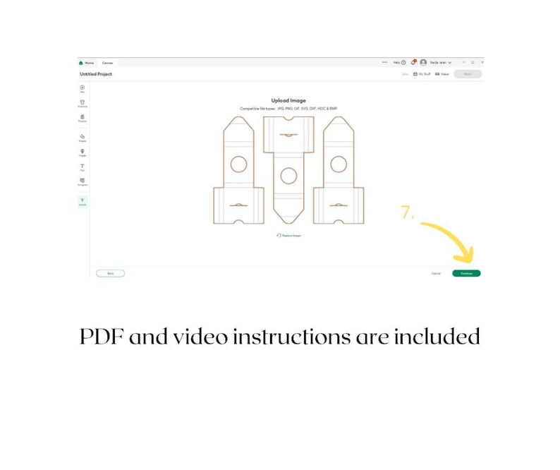 May include: A computer screen showing a web page with a box template design. The page has a button that says "Download". The text "PDF and video instructions are included" is below the screen.