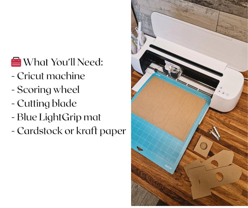 May include: A white Cricut cutting machine with a blue cutting mat and a brown piece of cardstock on top. The cardstock has been cut into a shape with a scoring wheel. The image includes the text "What You'll Need: - Cricut machine - Scoring wheel - Cutting blade - Blue LightGrip mat - Cardstock or kraft paper"