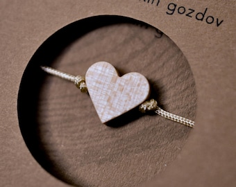 Minimalist Wooden Heart Charm Bracelet, Adjustable Cord
