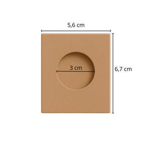 May include: A brown cardboard box with a circular cutout in the center. The box measures 5.6 inches by 6.7 inches. The cutout is 3 inches in diameter.