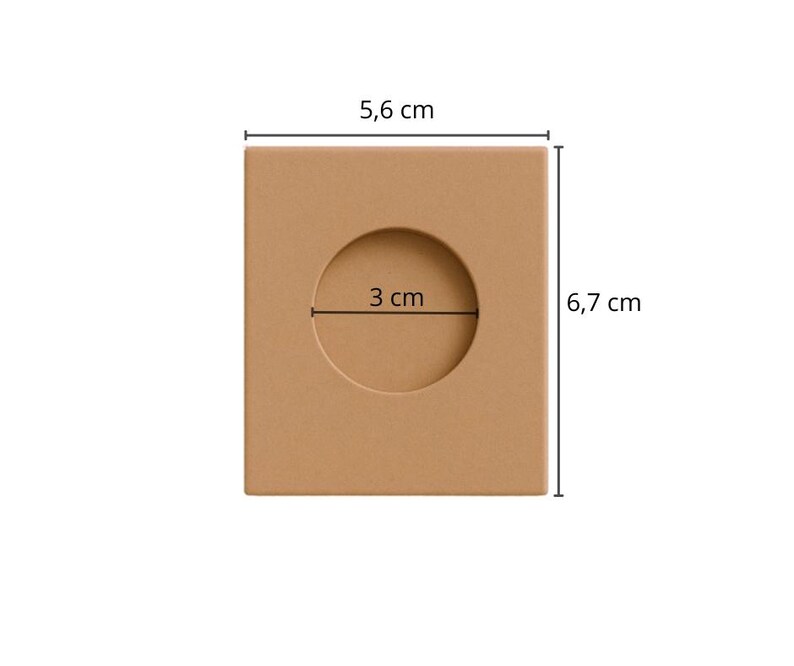 May include: A brown cardboard box with a circular cutout in the center. The box measures 5.6 inches by 6.7 inches. The cutout is 3 inches in diameter.