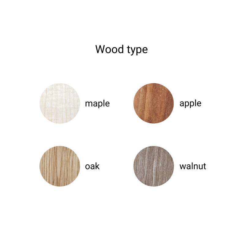 May include: Four wood samples, labeled "maple", "apple", "oak", and "walnut". Each sample is a close-up of the wood grain.