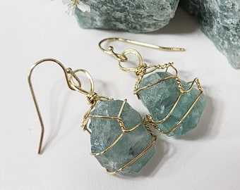 Elegant Green Fluorite Dangle Earrings - Raw Crystal Birthstone Jewelry for Chakra Healing