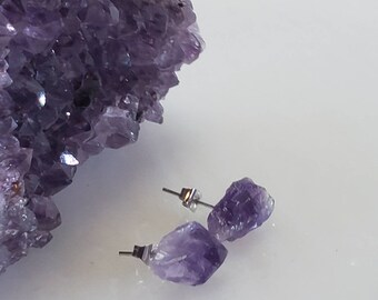 Raw Amethyst Earrings Raw Amethyst Chunk Stainless Steel Dangle Earrings
