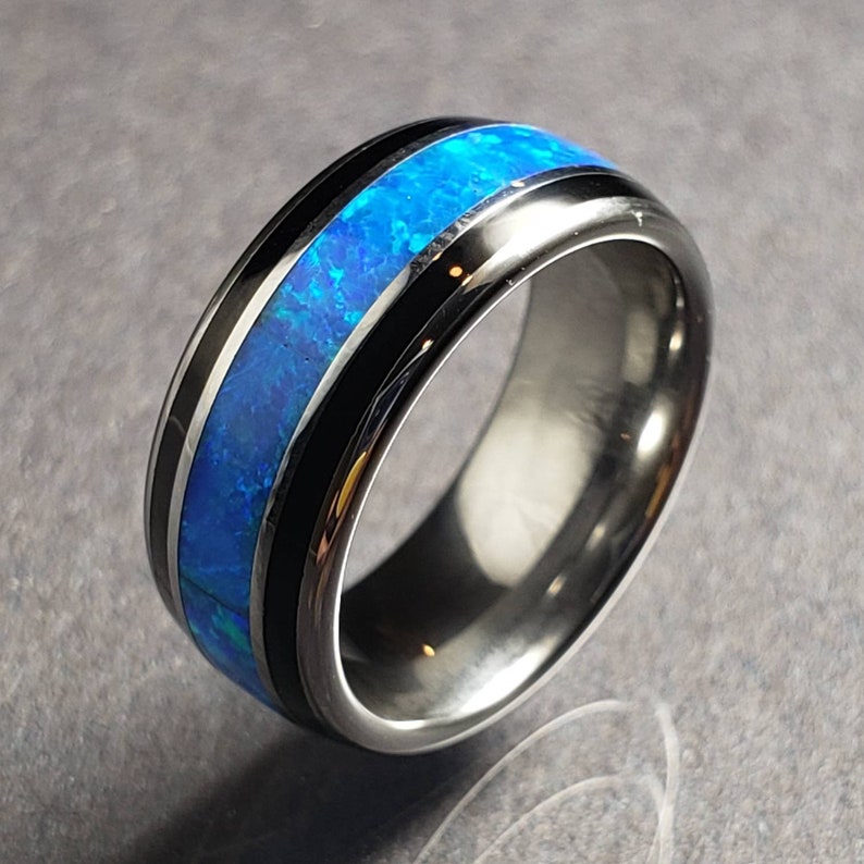 Tungsten Galaxy Blue-Green Opal Tungsten 8 mm Ring.