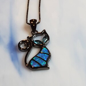 Blue Opal Cat Necklace Black Stainless Steel Pet Pendant Cat image 2