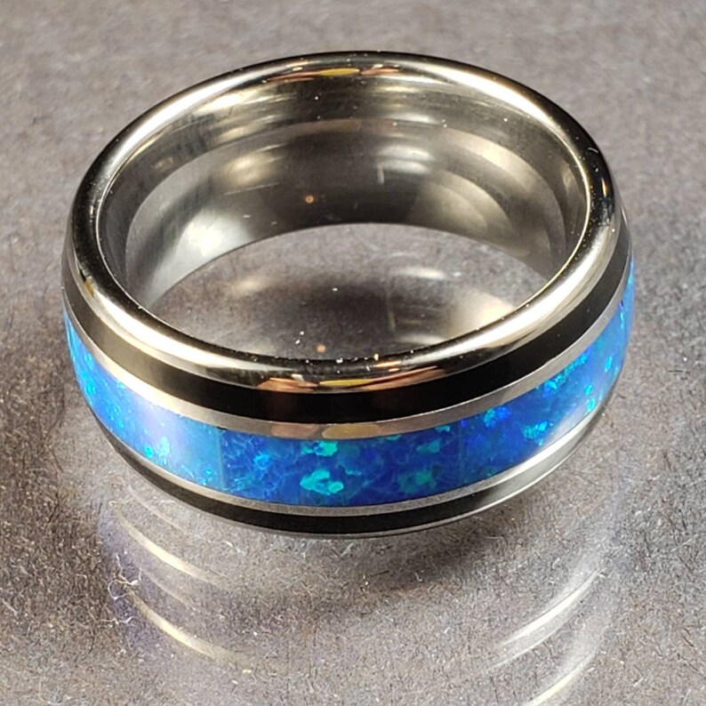 Tungsten Galaxy Blue-Green Opal Tungsten 8 mm Ring.