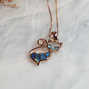 Blue Opal Rose Gold Necklace Pet Pendant Cat Charm Pendant image 3