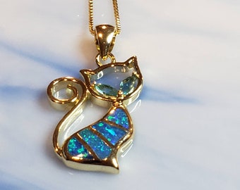 Blue Opal Yellow Gold Necklace  Pet Pendant, Cat Charm Pendant, Cat Lover Jewelry