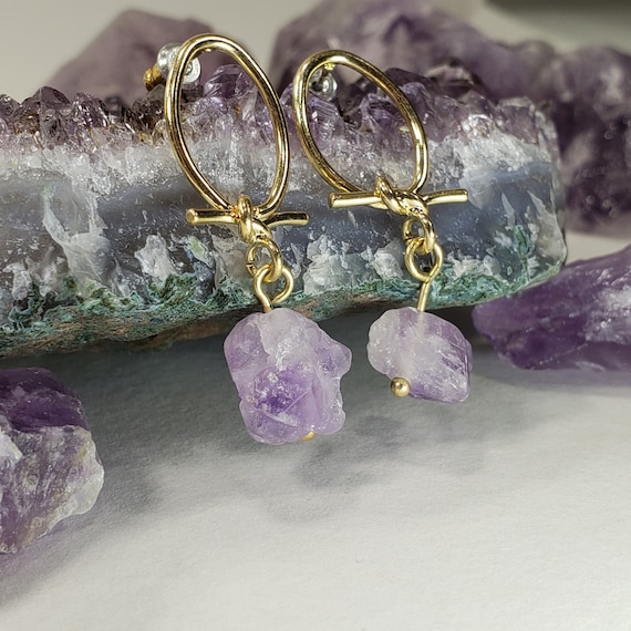 Natural Raw Brazilian Amethyst Crystal Hoop Wire Tie Stud Earrings.