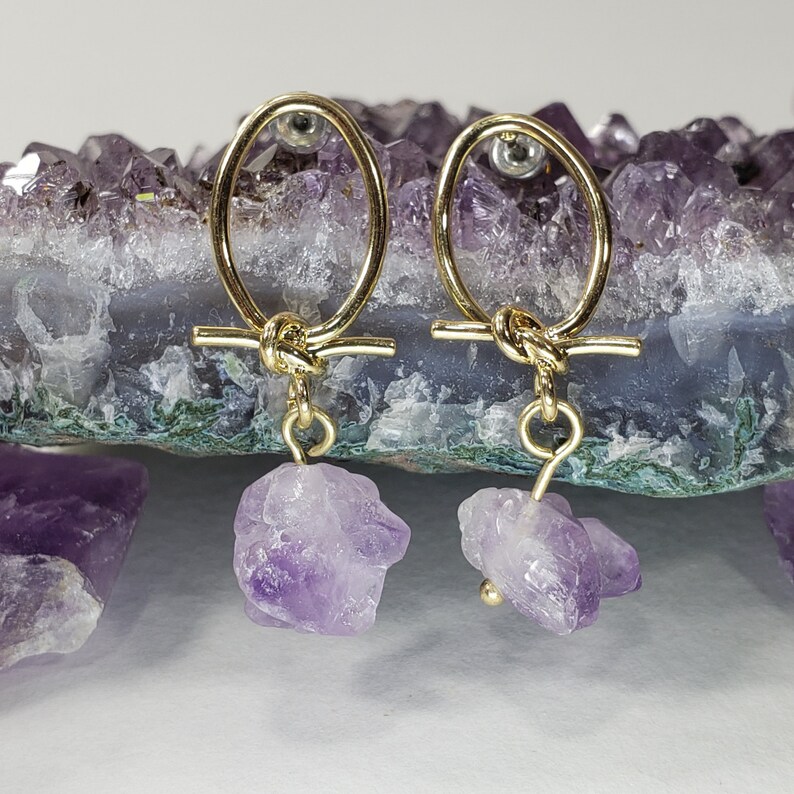 Natural Raw Brazilian Amethyst Crystal Hoop Wire Tie Stud Earrings. image 7