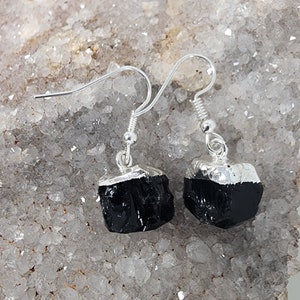 Silver Dipped Black Tourmaline Earrings