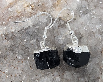 Silver Dipped Black Tourmaline Earrings