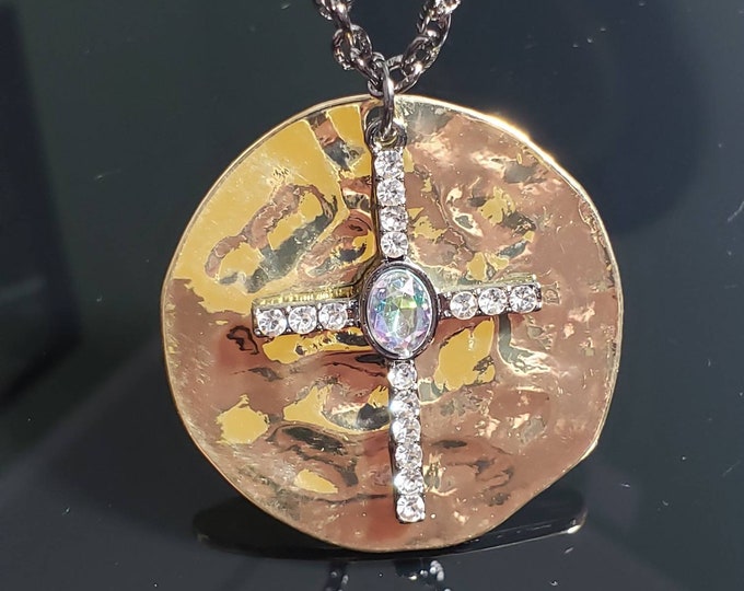 Gold Leaf Plated Cross Diamond Layered Medallion - Protection From Evil With Christ - 30 inch Cross Jewelry - Huge Sale - She Will love it!