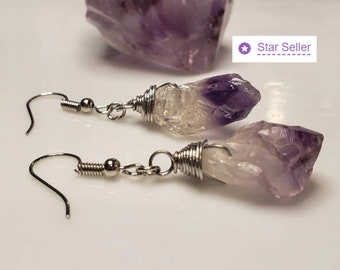Raw Purple Amethyst Earrings, Crystal Earrings, Raw Amethyst Earrings, Crystal Point Earrings, Dangle Crystal, Boho Earring, Raw Stone Drop