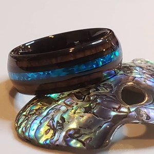 Galaxy Opal & Koa Wood Tungsten Ring - Unique Blue-Green Inlay Wedding Band for Men and Women