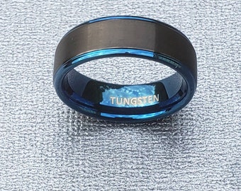 Bold Blue Metallic Tungsten Ring - Men&#39;s Black Wedding Band with Sleek Inlay