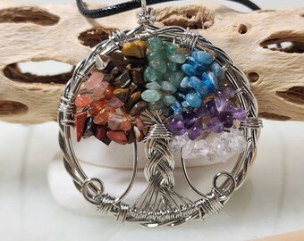 Tree of Life Pendant, Crystal Chakra Rainbow Multi-Stone Pendant