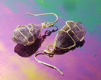 Natural Raw Amethyst Crystal Earrings Wire Wrapped