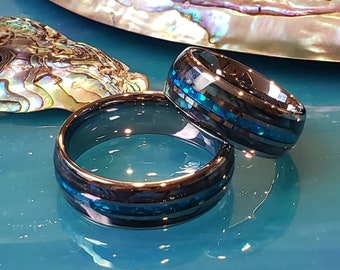 Tungsten Ring - Opal Blue Green inlay with Abalone Shell outer inlay -  Hers and his. Uniquely Beautiful rings, unisex ring, Sold Separately
