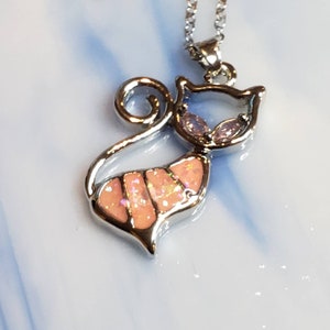 Pink Opal Cat Necklace Sterling Silver Plated Pet Pendant, Cat Charm Pendant,Cat Lover Jewelry image 4