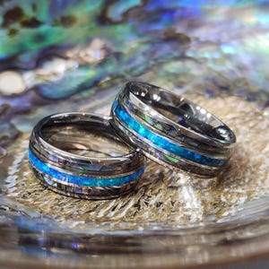 Iridescent Opal & Abalone Tungsten Ring - Unisex Wedding Band, Engagement Gift, Unique Colors