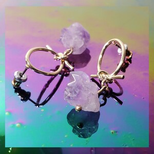 Natural Raw Brazilian Amethyst Crystal Hoop Wire Tie Stud Earrings. image 5