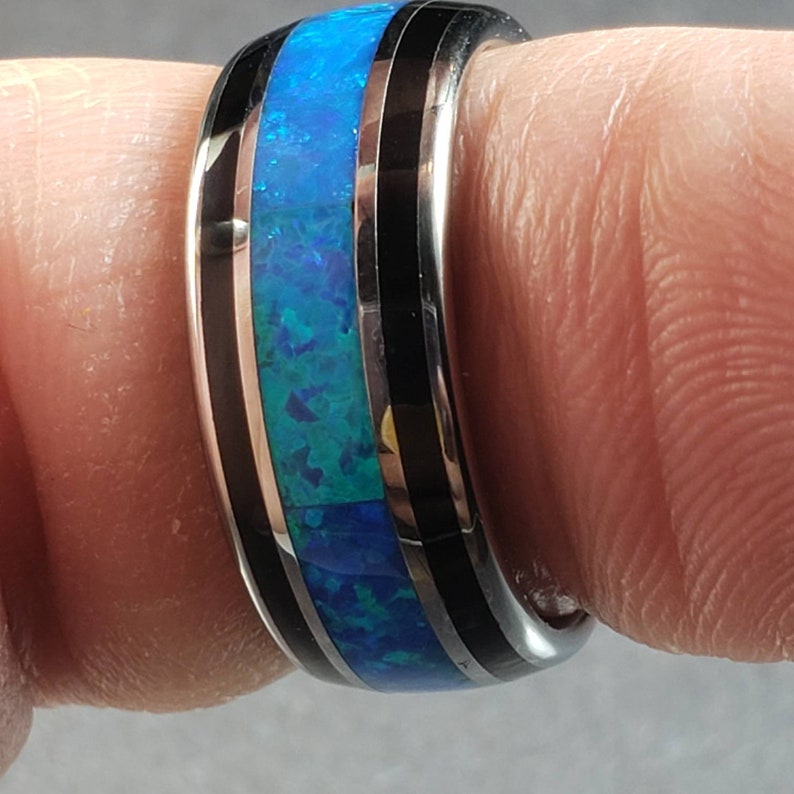 Tungsten Galaxy Blue-Green Opal Tungsten 8 mm Ring.