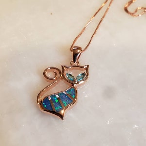Blue Opal Rose Gold Necklace Pet Pendant Cat Charm Pendant image 1