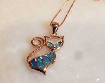 Blue Opal Rose Gold Necklace  Pet Pendant, Cat Charm Pendant, Cat Lover Jewelry