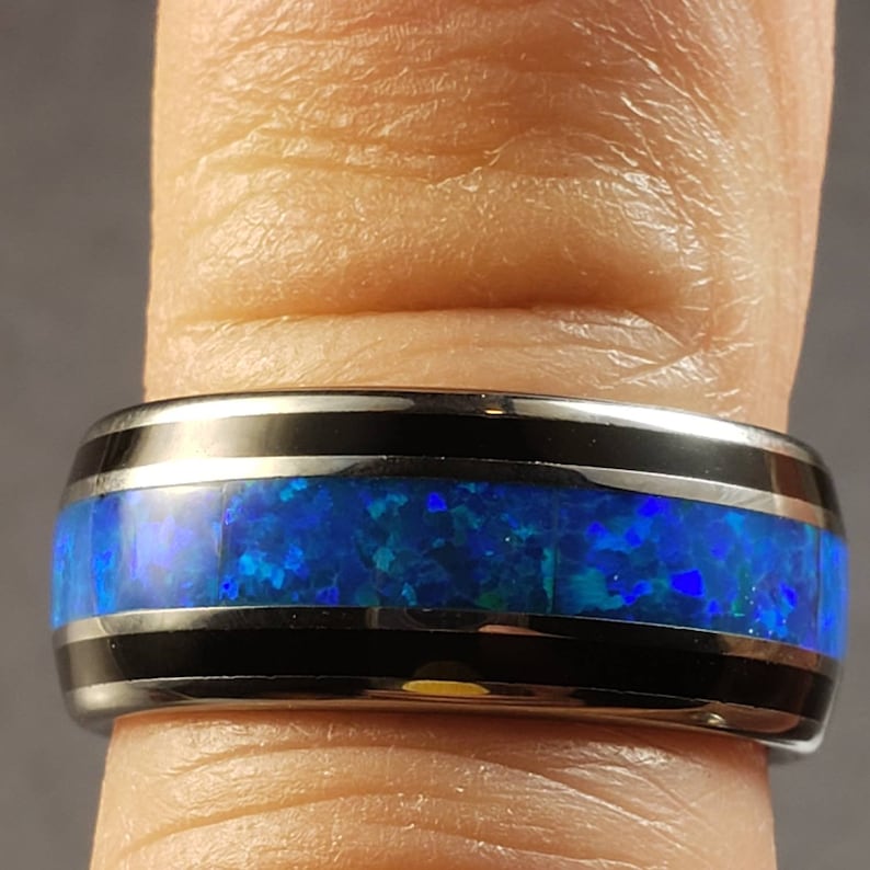 Tungsten Galaxy Blue-Green Opal Tungsten 8 mm Ring.