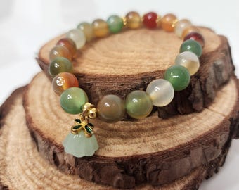 Peacock Agate Bracelet with Green Aventurine Flower - Multicolor Stone Bracelet