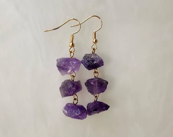 Three-Tier Raw Amethyst Earrings