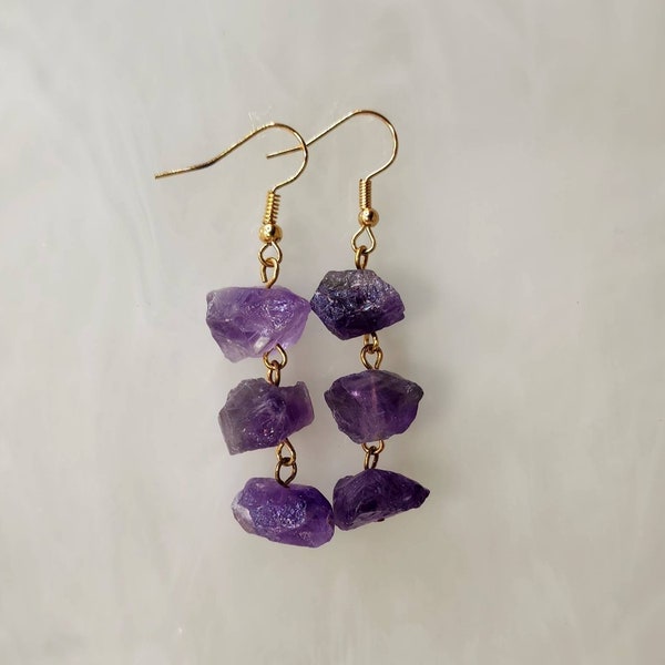 Three-Tier Raw Amethyst Earrings