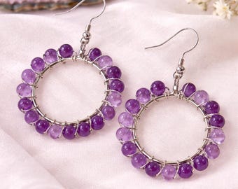 Polished Amethyst Bead Hoop Earrings