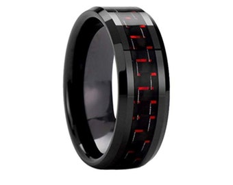 8MM Tungsten Ring Wedding Band Black Plated with Black and Red Carbon Fiber Inlay - Lifetime Warranty - Scratch Resistant