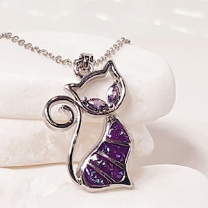 Feline Charm: Sterling Silver Plated Cat Necklace with Purple Opal - Gift for Cat Lovers - Handcrafted Pet Jewelry