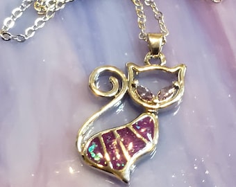 Purple Opal Cat Necklace Sterling Silver Plated Pet Pendant, Cat Charm Pendant, Cat Lover Jewelry
