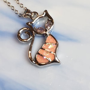 Pink Opal Cat Necklace Sterling Silver Plated Pet Pendant, Cat Charm Pendant,Cat Lover Jewelry image 1