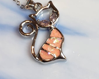 Pink Opal Cat Necklace Sterling Silver Plated Pet Pendant, Cat Charm Pendant, Cat Lover Jewelry