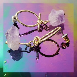 Natural Raw Brazilian Amethyst Crystal Hoop Wire Tie Stud Earrings. image 3