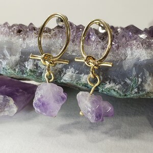 Natural Raw Brazilian Amethyst Crystal Hoop Wire Tie Stud Earrings. image 4