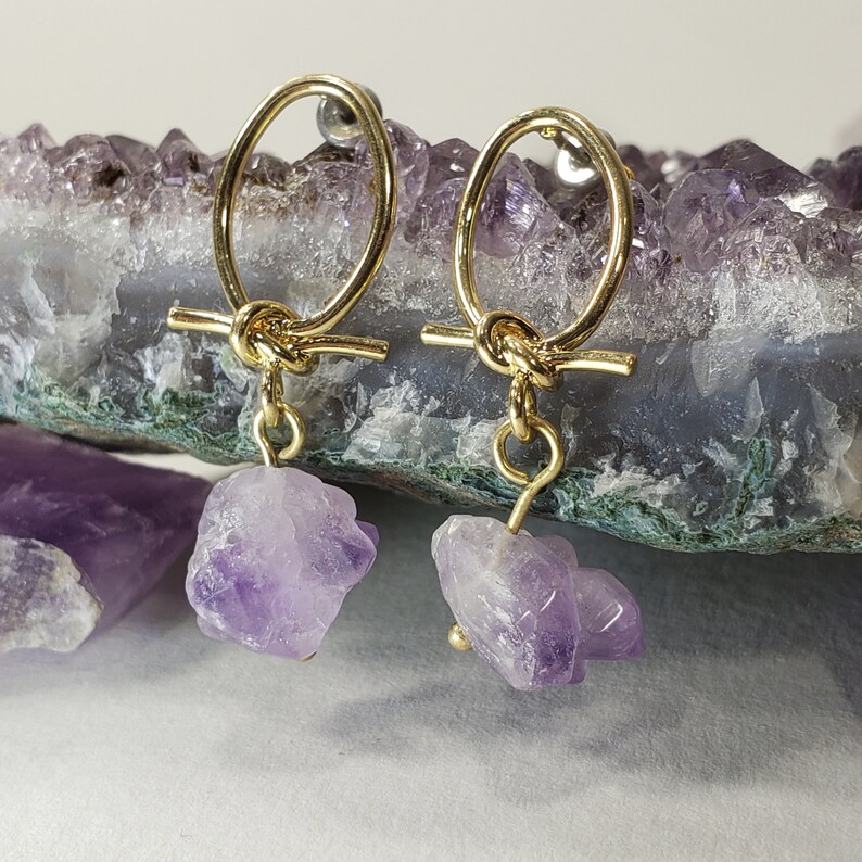 Natural Raw Brazilian Amethyst Crystal Hoop Wire Tie Stud Earrings. image 4
