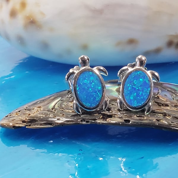 Blue opal Large Sea Turtle earrings sterling silver 925 made in Greece. Handmade beautiful gift for someone special.