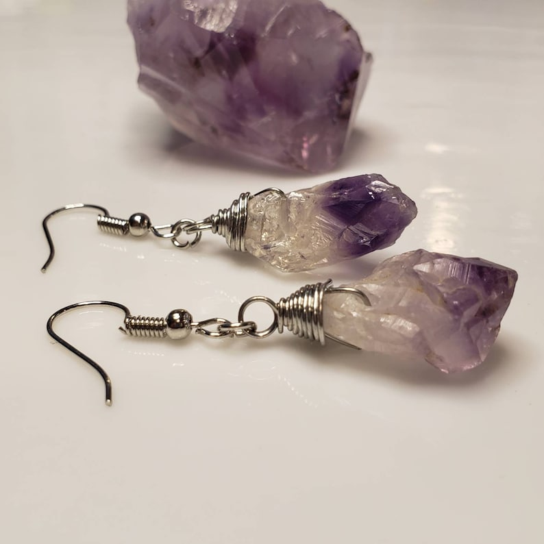 Raw Purple Amethyst Earrings, Crystal Earrings, Raw Amethyst Earrings, Crystal Point Earrings, Dangle Crystal, Boho Earring, Raw Stone Drop 