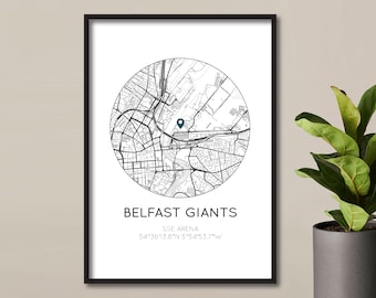 Belfast Giants Map Print | Ice Hockey Print | SSE Arena | Belfast Giants Ice Hockey | Belfast | Birthday Gift For Dad/Husband | Fathers Day