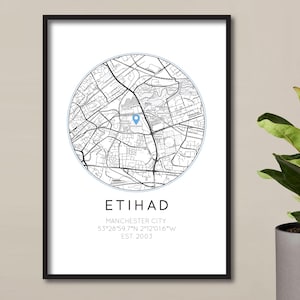Manchester City FC-afdruk | Etihad-stadion | MCFC Blauw | Engelse Eredivisie | Verjaardagscadeau voor papa/echtgenoot | Man stadskaart kunst | Poster